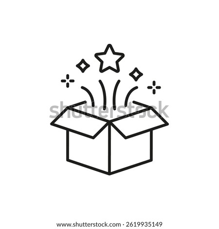 Open Box With Star And Sparkles Line Icon. Surprise, Creativity, And Innovation Outline Symbol. Unboxing Experience And Excitement. Editable Stroke. Isolated Vector Illustration.