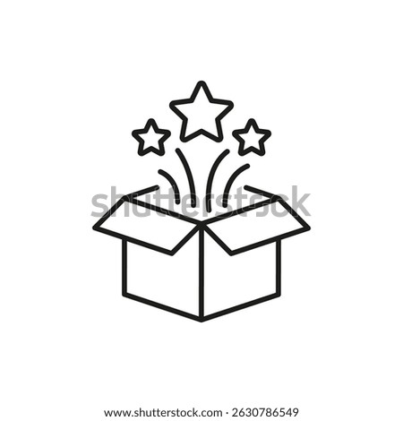 Open Box With Stars Line Icon. Surprise, Creativity, And Innovation Outline Symbol. Unboxing Experience And Excitement. Editable Stroke. Isolated Vector Illustration.