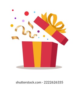 Abre la caja con una sorpresa. Ilustración vectorial de estilo plano.