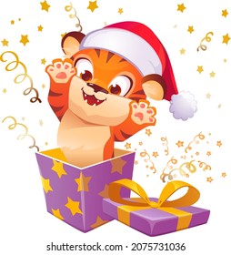 An open box with a surprise tiger and confetti .For postcards, design.Vector illustration drawn by hand.