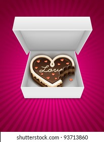 Open box with sweet nibbled chocolate cake in heart form for Valentine's Day Holiday. EPS10. Transparent objects used for shadows and lights drawing