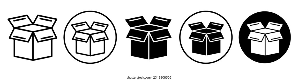 Open Box symbol Icon vector flat outlined set collection. Cardboard gift product package  empty packaging delivery post sign. Logo mark of paper online shipping cargo service web app ui icon.