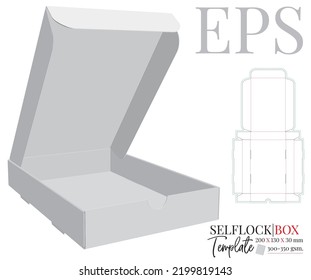 Open box template, vector with die cut, laser cut layers. Self lock delivery box. White, blank, clear, isolated box mock up on white background with perspective presentation, 3D