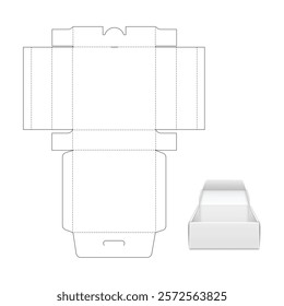 Open box template, vector with die cut, laser cut layers. Self lock delivery box. White, blank, clear, isolated box mock up on white background with perspective presentation, 3D
