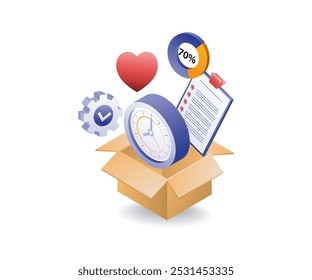 Open box with time symbol check mark data percent