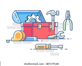 Open box with tools. Pliers and hammer, screwdriver and roulette. Vector illustration