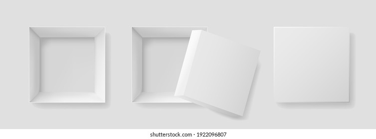 Open box with top view. Mockup of white box for gift, shoebox, christmas and pizza. Square paper package with shadow. Empty open and closed cardboard box. Realistic mock up isolated. Vector.