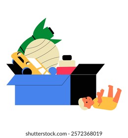 Open Box With Toys And Household Items In Flat Vector Illustration Symbolizing Organization, Sorting, And Minimalism, Isolated On White Background