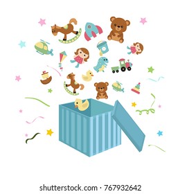 Open box with toys icons flying out. Whitw background.