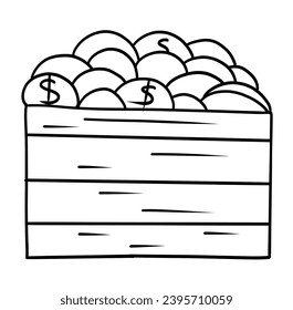 Open box with treasure in simple outline style