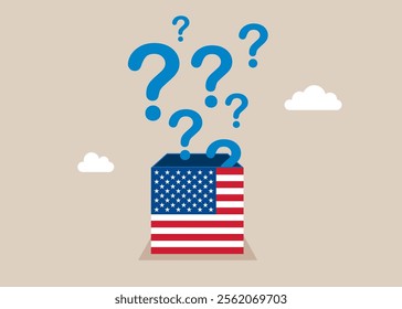 Open the box United States of America. Thinking of who what where when why and how. Asking questions for solution to so. Democracy Freedom Concept. 