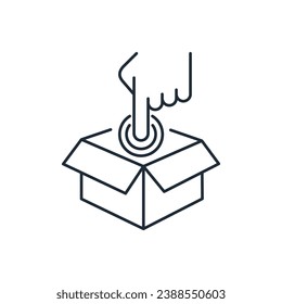 Abre la caja. Desempacando. Nuevo y desconocido. Icono de ilustración lineal vectorial aislado en fondo blanco.