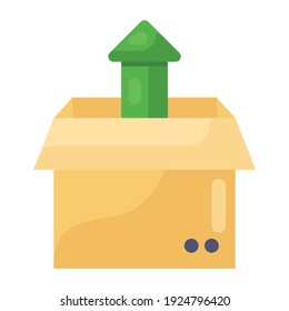 
Open box with upward arrow, flat design of unpacking icon