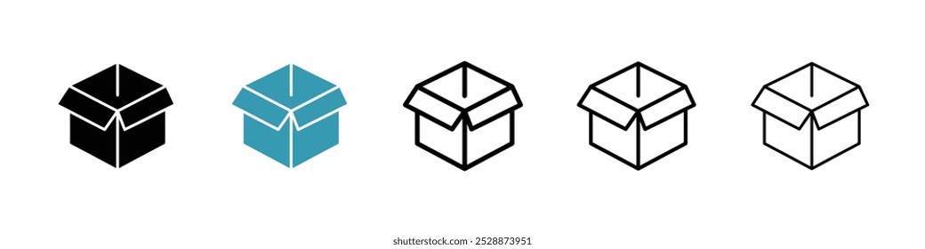 Open box vector icon set in black and blue colors.