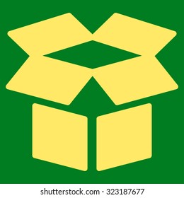 Open Box vector icon. Style is flat symbol, yellow color, rounded angles, green background.