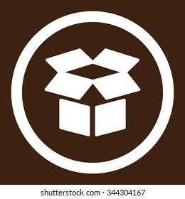 Open Box vector icon. Style is flat rounded symbol, white color, rounded angles, brown background.