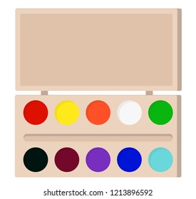 
open box of water colors. items for creativity and artists. vector cartoon image.