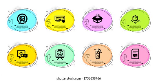 Open box, Water glass and Idea lamp signs. Timeline infographic. Computer keyboard, Metro subway and Comments line icons set. Vision board, Augmented reality symbols. Pc device, Underground. Vector