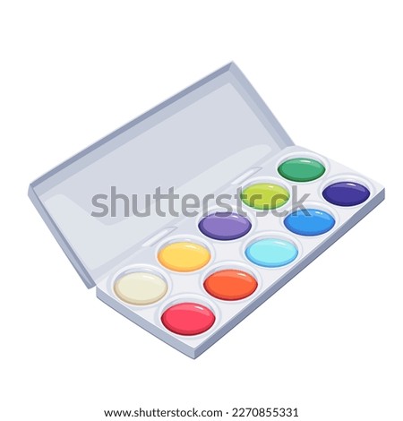 Open box of watercolor paints vector illustration. Cartoon isolated plastic paintbox with round colour palette for creative art workshop of school children, watercolor case of artists and painters