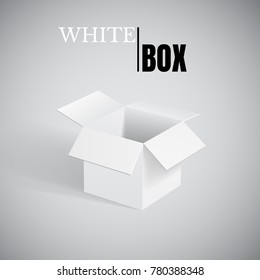 Open box, white cardboard, vector container.