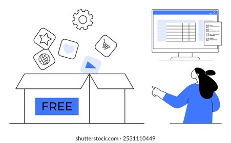 Open box with the word FREE floating icons like star, heart, shopping cart, and web globe. A person pointing to a computer screen displaying a software interface. Ideal for free software, user