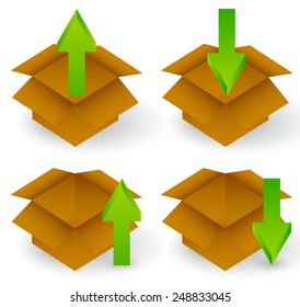 Open boxes with arrows. Download, upload, packing, unpacking concepts