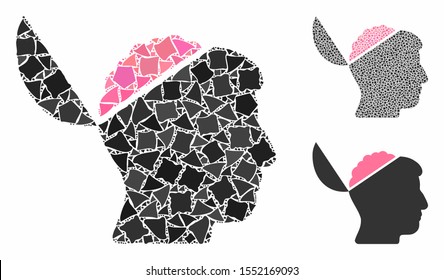 Open brain composition of inequal parts in various sizes and color tones, based on open brain icon. Vector inequal dots are organized into composition. Open brain icons collage with dotted pattern.