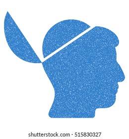 Open Brain grainy textured icon for overlay watermark stamps. Flat symbol with scratched texture. Dotted vector cobalt ink rubber seal stamp with grunge design on a white background.