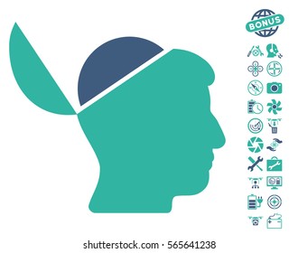 Open Brain icon with bonus copter service design elements. Vector illustration style is flat iconic cobalt and cyan symbols on white background.