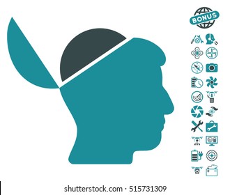 Open Brain icon with bonus drone tools pictograph collection. Vector illustration style is flat iconic symbols on white background.