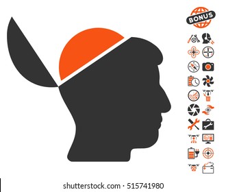Open Brain icon with bonus uav tools pictograph collection. Vector illustration style is flat iconic symbols on white background.
