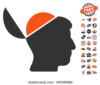Open Brain icon with free bonus pictograph collection. Vector illustration style is flat iconic symbols, orange and gray colors, white background.