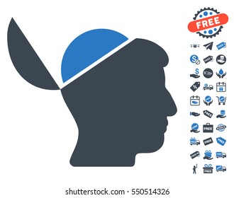 Open Brain icon with free bonus graphic icons. Vector illustration style is flat iconic symbols, smooth blue colors, white background.