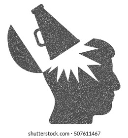 Open Brain Megaphone grainy textured icon for overlay watermark stamps. Flat symbol with dust texture. Dotted vector gray ink rubber seal stamp with grunge design on a white background.