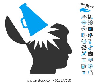Open Brain Megaphone icon with bonus uav tools pictograph collection. Vector illustration style is flat iconic blue and gray symbols on white background.