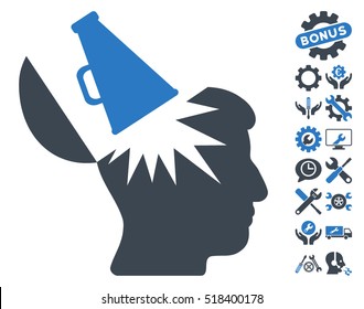 Open Brain Megaphone icon with bonus setup tools pictograms. Vector illustration style is flat iconic smooth blue symbols on white background.