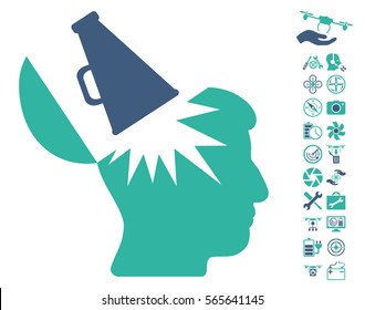 Open Brain Megaphone icon with bonus drone tools images. Vector illustration style is flat iconic cobalt and cyan symbols on white background.
