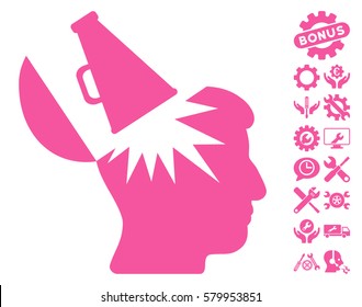 Open Brain Megaphone icon with bonus options clip art. Vector illustration style is flat iconic pink symbols on white background.