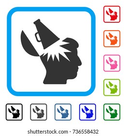 Open Brain Megaphone icon. Flat grey pictogram symbol in a light blue rounded frame. Black, gray, green, blue, red, orange color variants of Open Brain Megaphone vector.