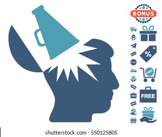 Open Brain Megaphone icon with free bonus symbols. Vector illustration style is flat iconic symbols, cyan and blue colors, white background.