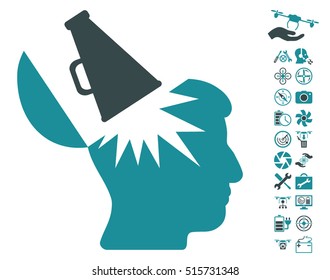 Open Brain Megaphone pictograph with bonus uav service graphic icons. Vector illustration style is flat iconic symbols on white background.