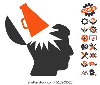 Open Brain Megaphone pictograph with bonus setup tools design elements. Vector illustration style is flat iconic orange and gray symbols on white background.