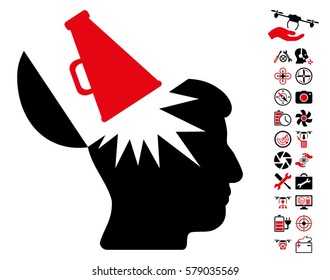 Open Brain Megaphone pictograph with bonus quad copter tools clip art. Vector illustration style is flat iconic intensive red and black symbols on white background.