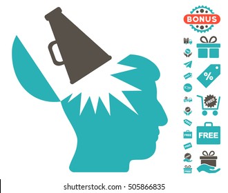 Open Brain Megaphone pictograph with free bonus design elements. Vector illustration style is flat iconic symbols, grey and cyan colors, white background.
