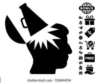 Open Brain Megaphone pictograph with free bonus pictograms. Vector illustration style is flat iconic symbols, black color, white background.