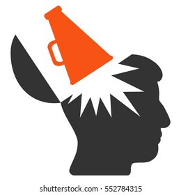 Open Brain Megaphone vector icon. Style is flat graphic bicolor symbol, orange and gray colors, white background.