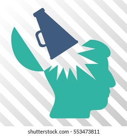 Open Brain Megaphone vector icon. Illustration style is flat iconic bicolor cobalt and cyan symbol on a hatch transparent background.