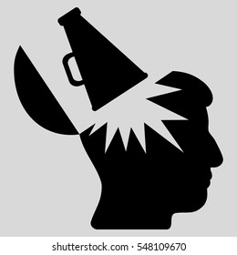 Open Brain Megaphone vector pictogram. Style is flat graphic symbol, black color, light gray background.