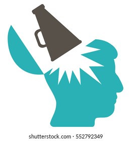 Open Brain Megaphone vector pictogram. Style is flat graphic bicolor symbol, grey and cyan colors, white background.
