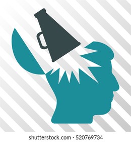 Open Brain Megaphone vector pictograph. Illustration style is flat iconic bicolor soft blue symbol on a hatch transparent background.